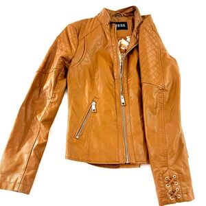 Guess Womens Cognac Brown Faux Leather Quilted Moto Jacket Lace Up XS RN54163